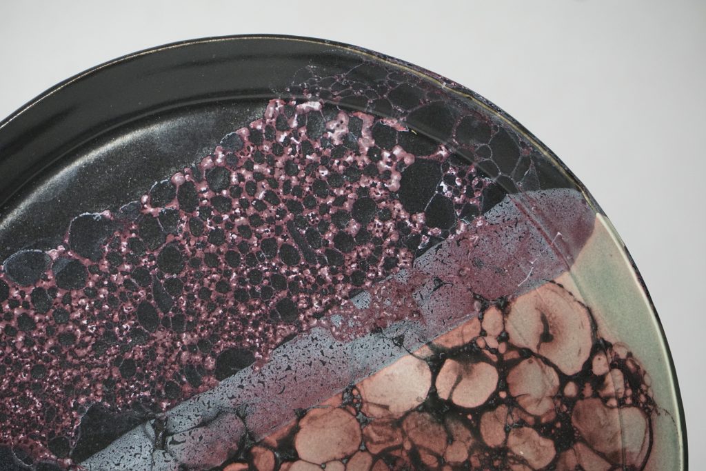 Teal, black, and purple bubble glaze 10" plate. 